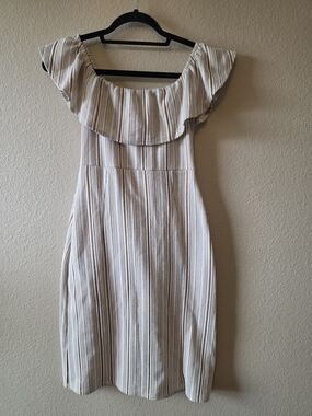 Zara Cream and Beige Off The Shoulder Ruffle Stripe Dress